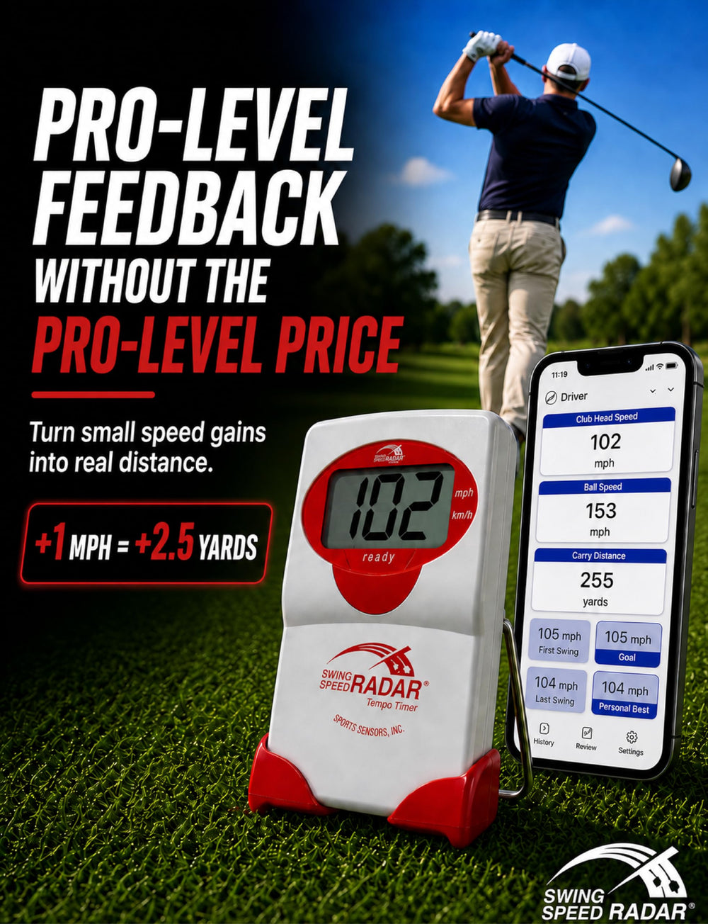 swing speed radar beside a ruler to show compact size and portability