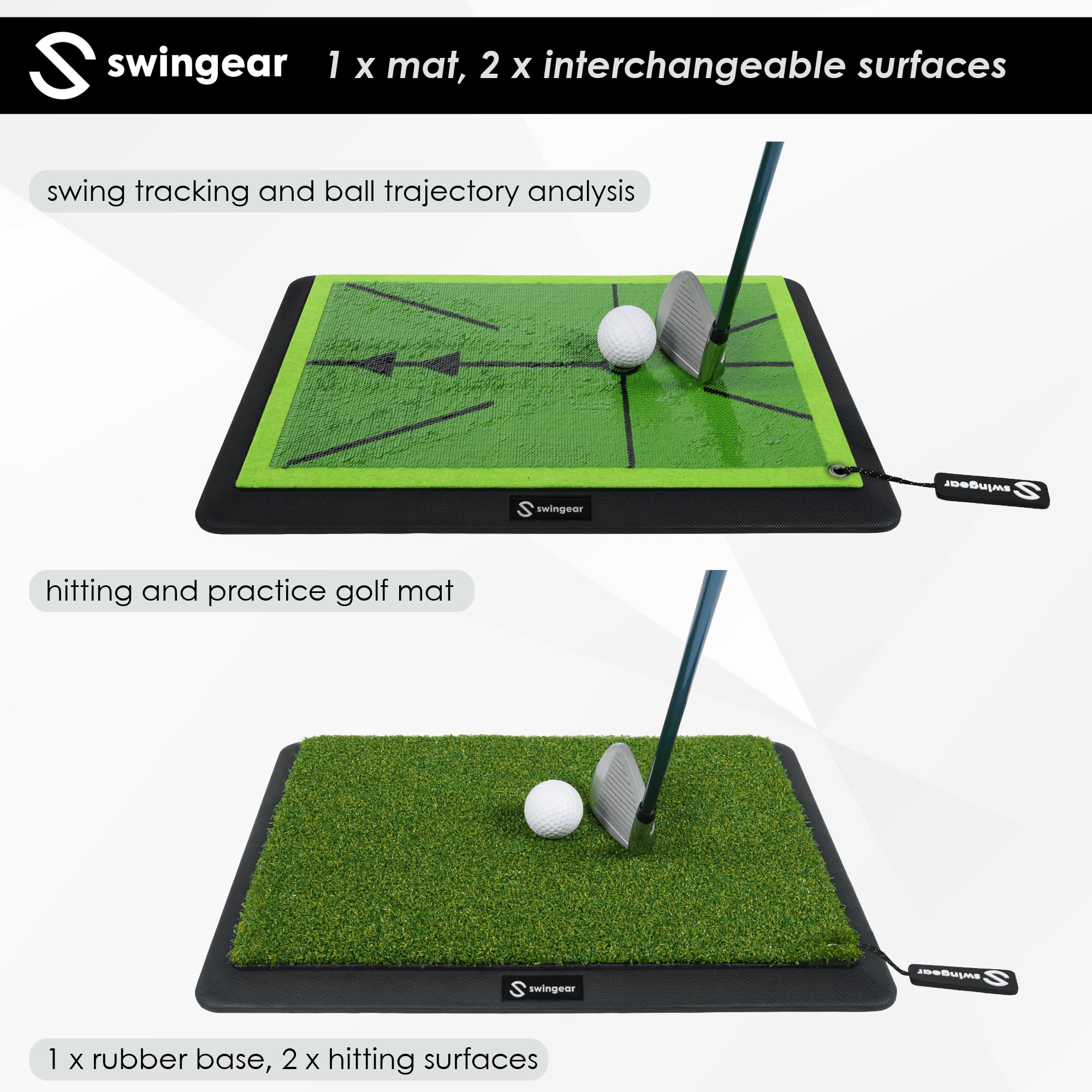 swingear golfer practicing in garage with mat for portable training