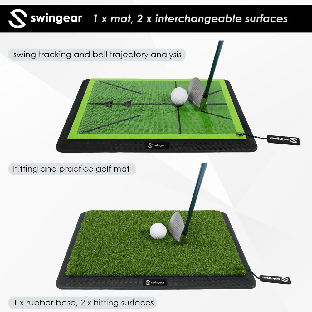 swingear golfer practicing in garage with mat for portable training
