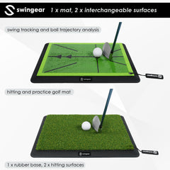 swingear golfer practicing in garage with mat for portable training