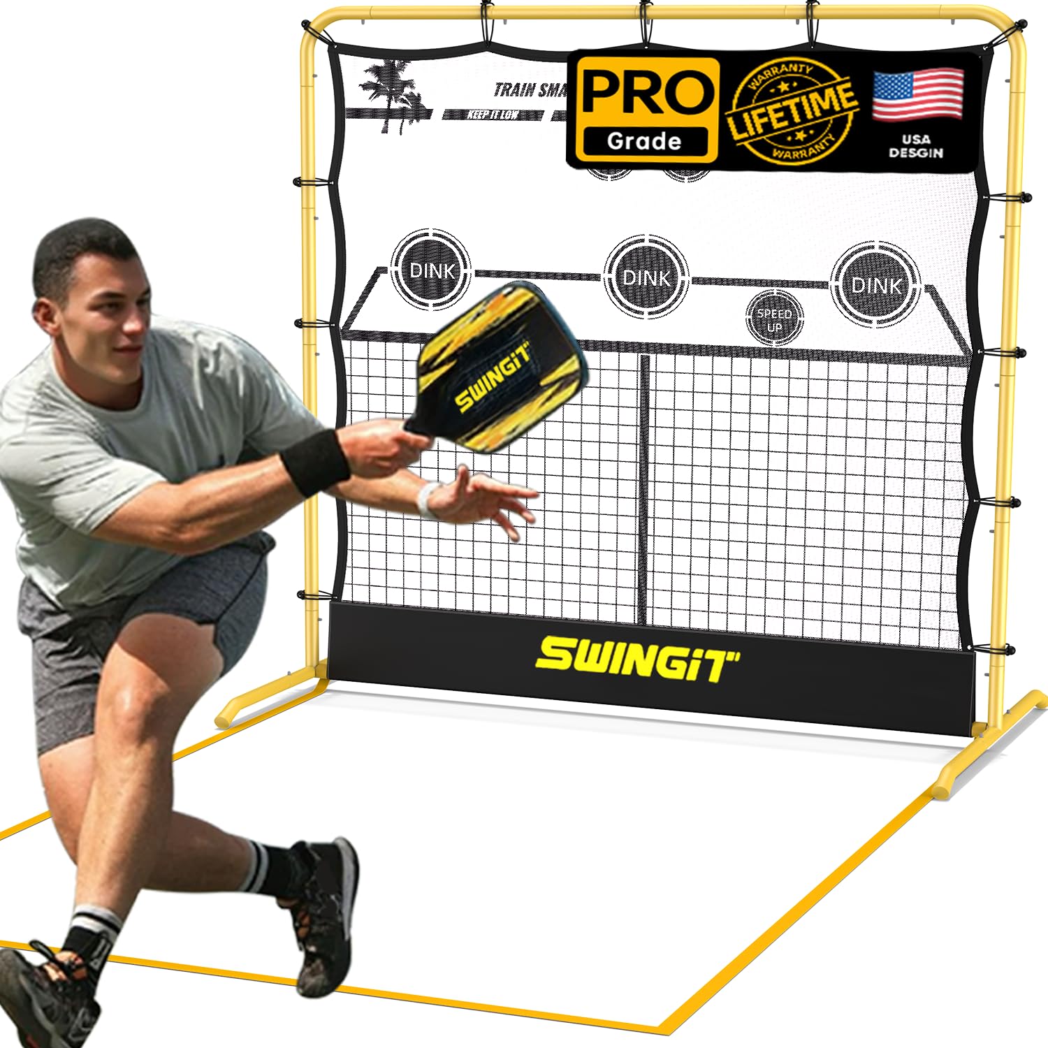 SwingIt front view full setup showing rebounder and 6ft net for versatile training