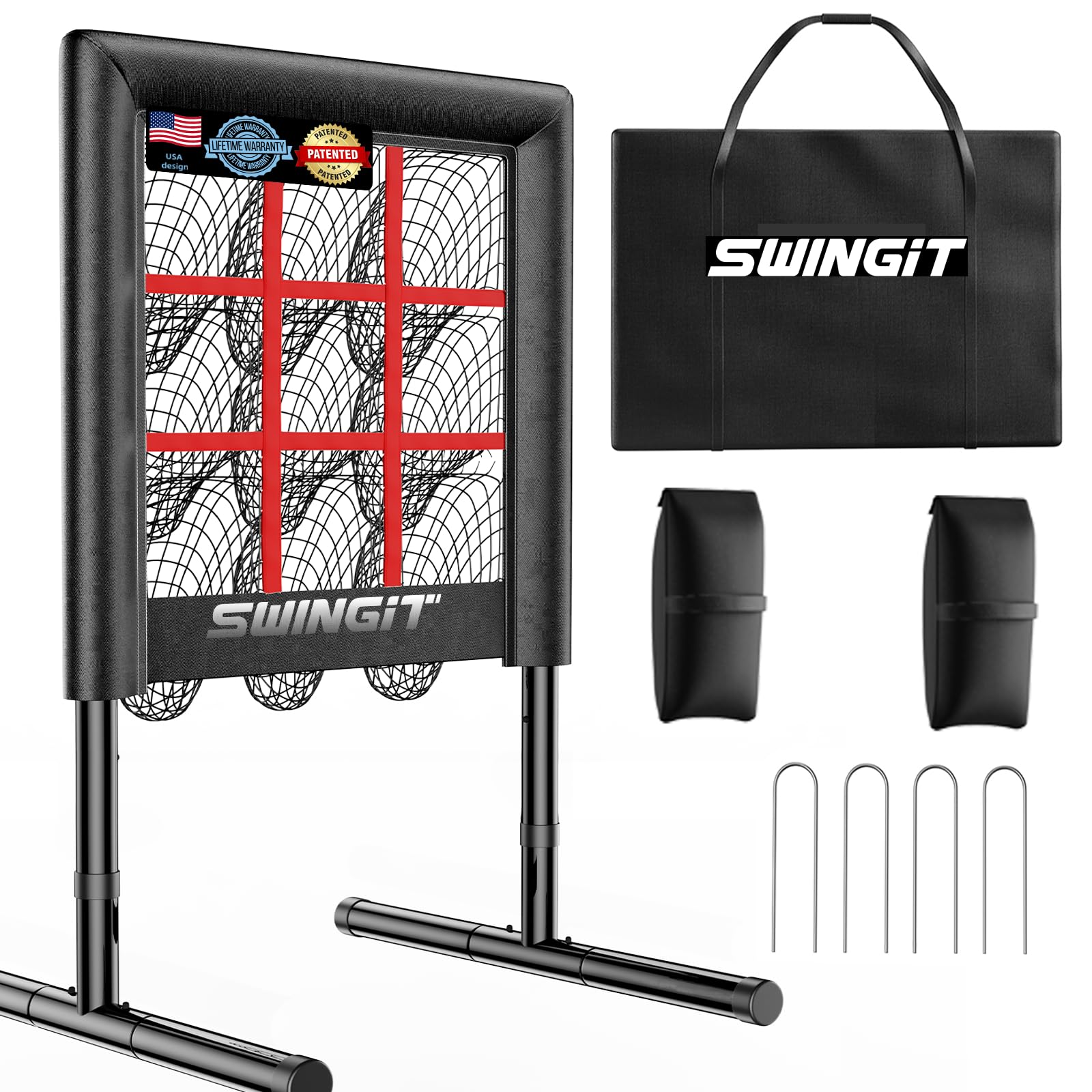 SwingIt front view pitching net showing full 9-pocket strike zone benefit accuracy