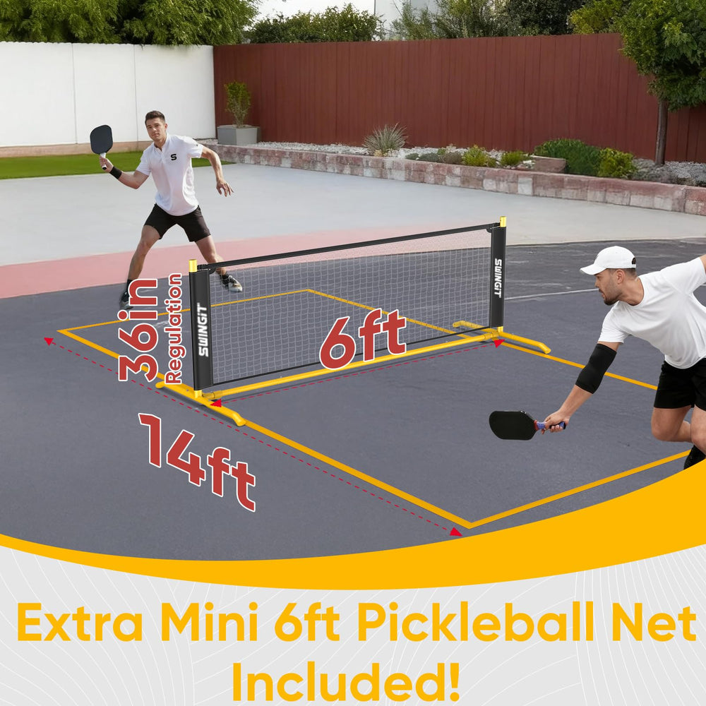 SwingIt mini net in backyard with player rallying to improve volleys and drills