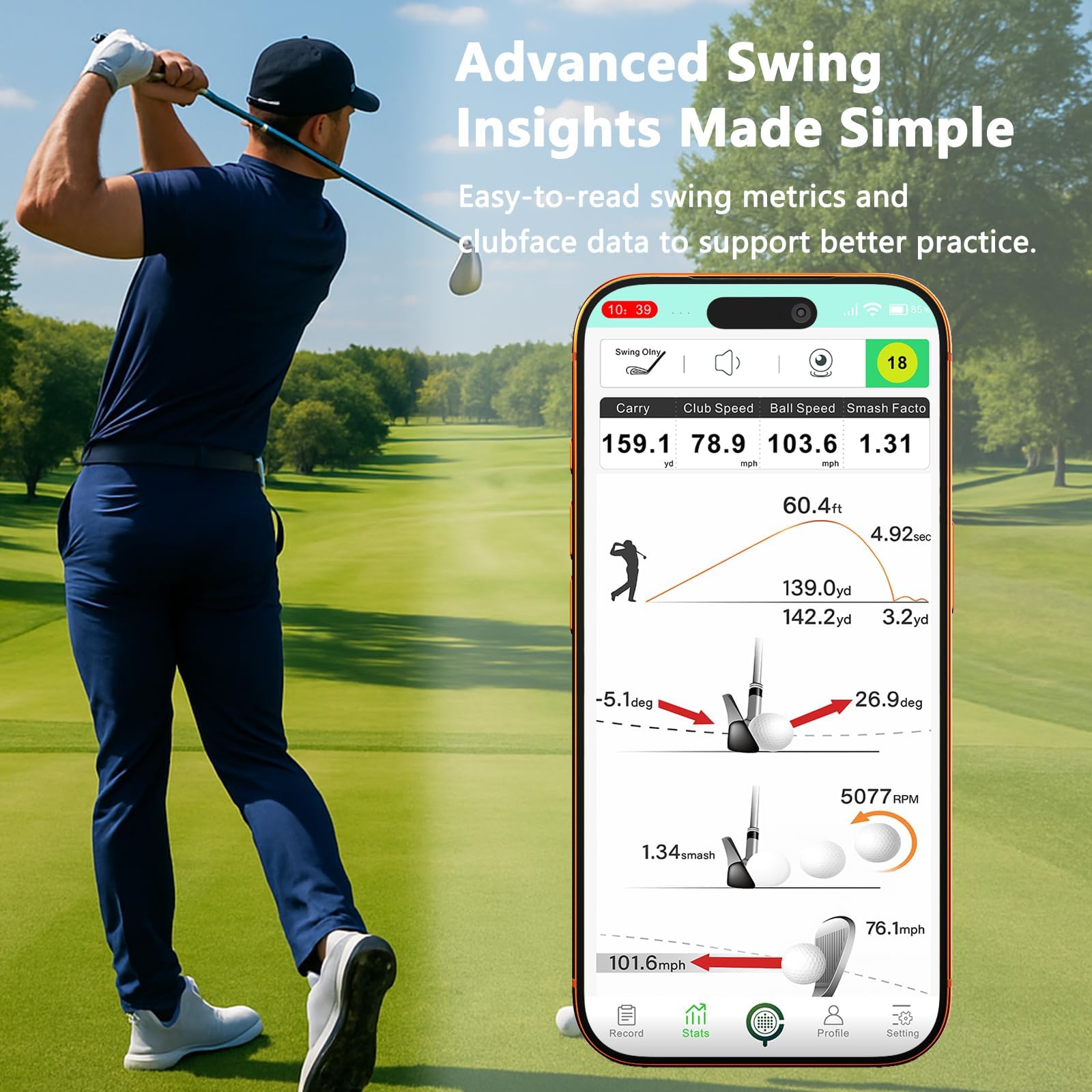 Swinora app calibration screen showing distance compensation benefits