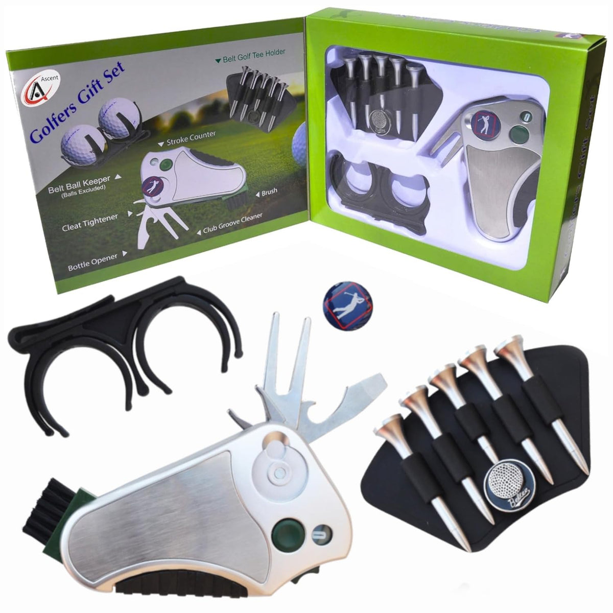 Swiss Ascent front view of complete golf gift set showing organized tools and belt clips