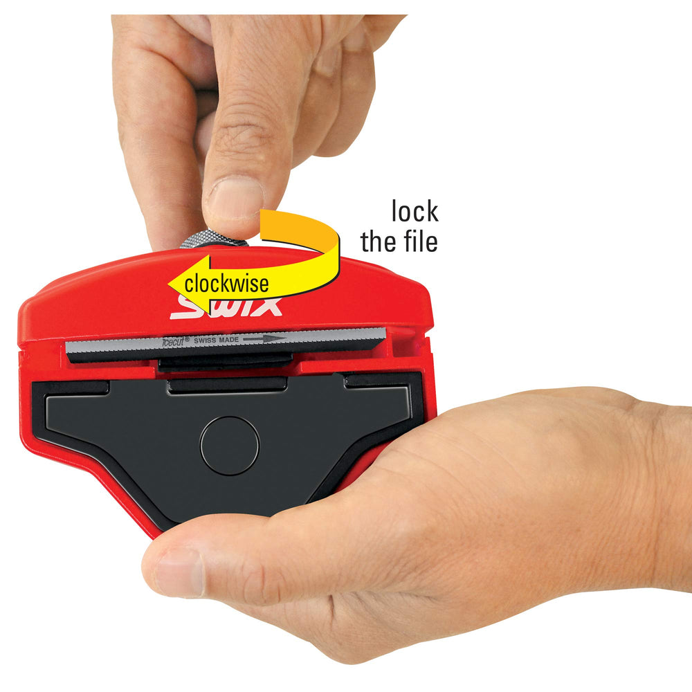 Swix setting a base bevel on a snowboard showing smoother turn initiation