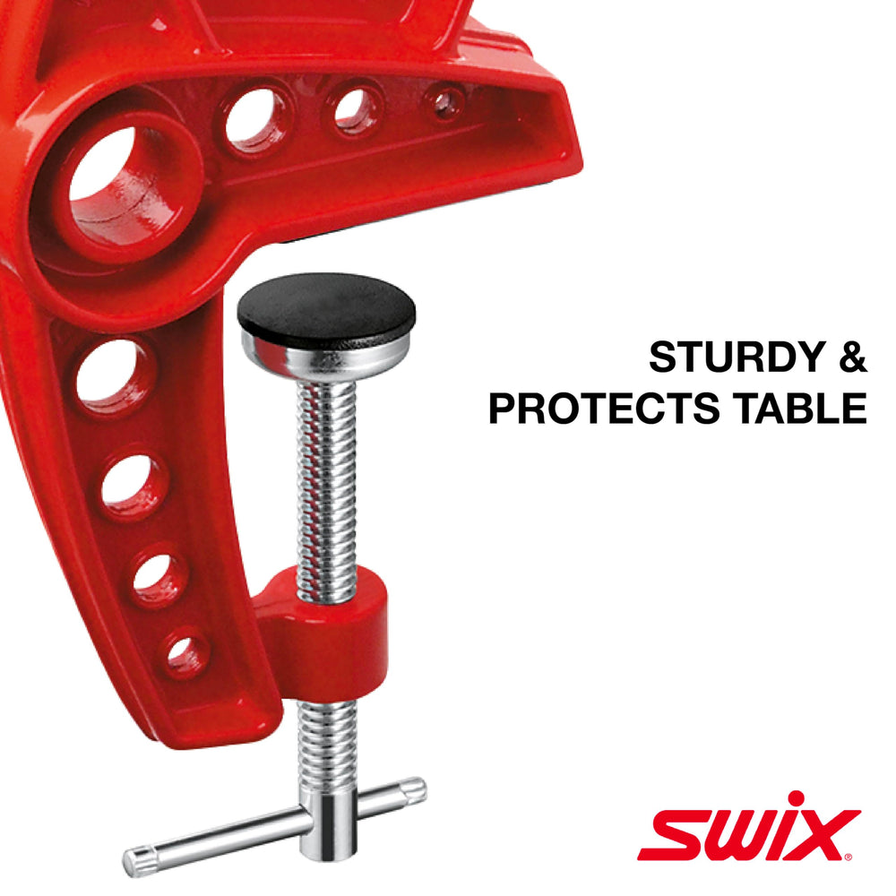 Swix vise holding a ski demonstrating fit with bindings and convenience