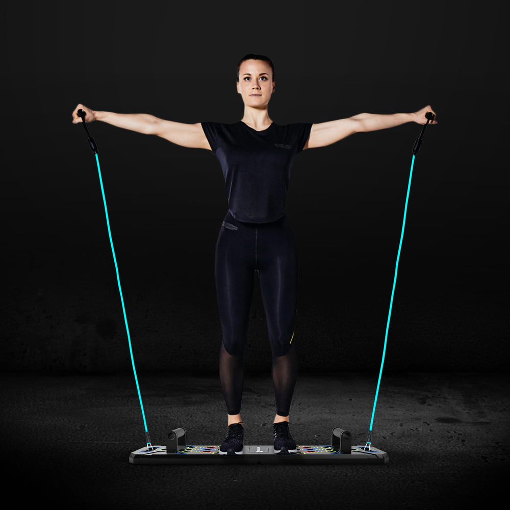 Swole Army board in use in a home living room showing portable workout convenience