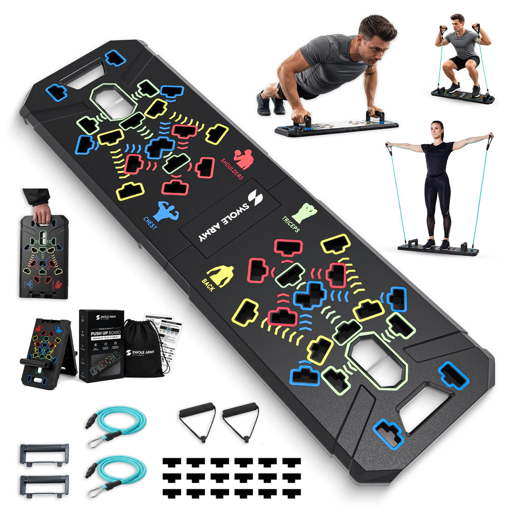 Swole Army front view of pushup board showing color-coded positions and benefits