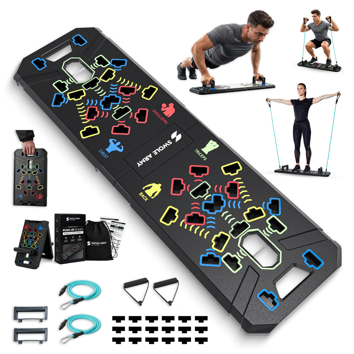 Swole Army front view of pushup board showing color-coded positions and benefits