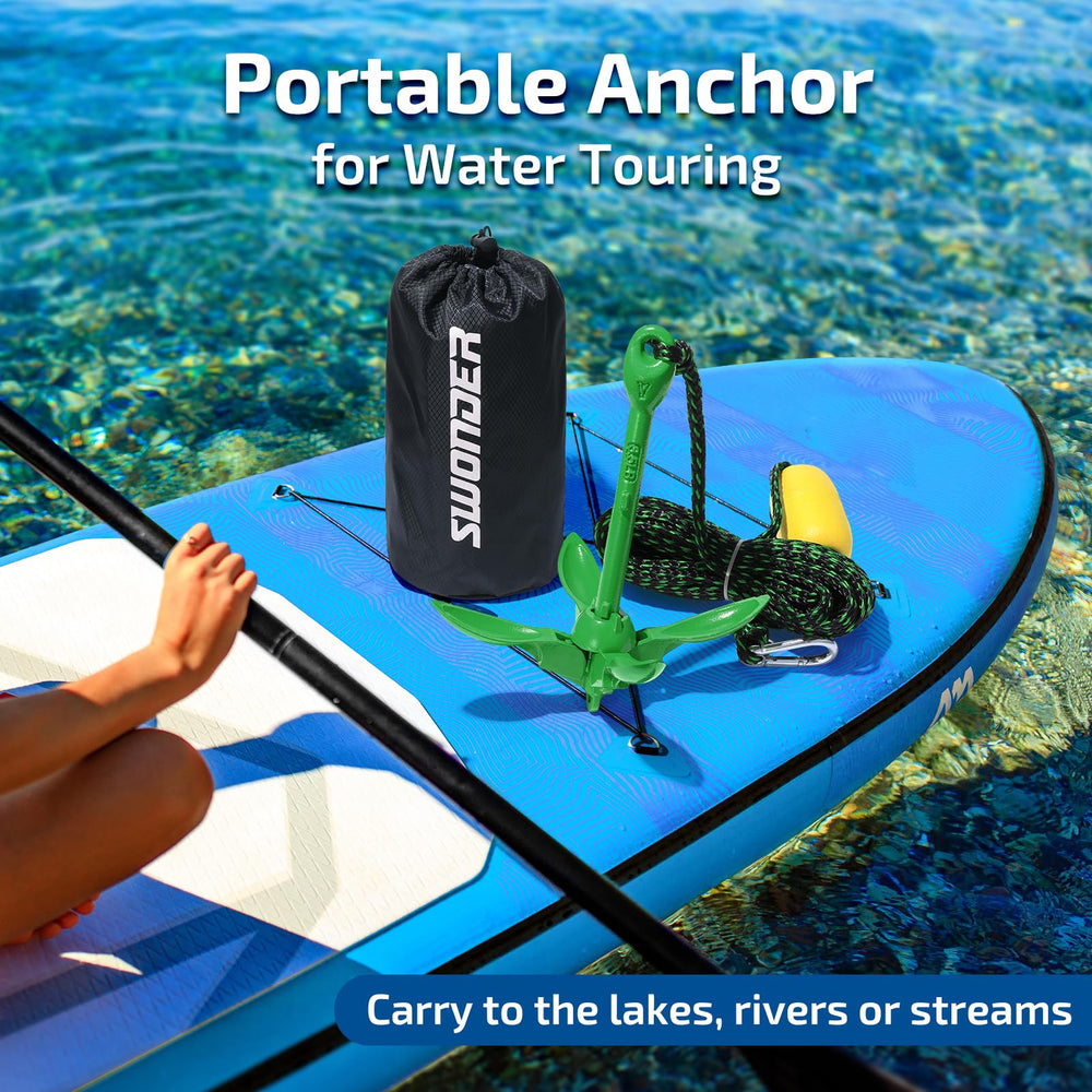 Swonder floating buoy and 40 ft rope beside kayak to show length and visibility