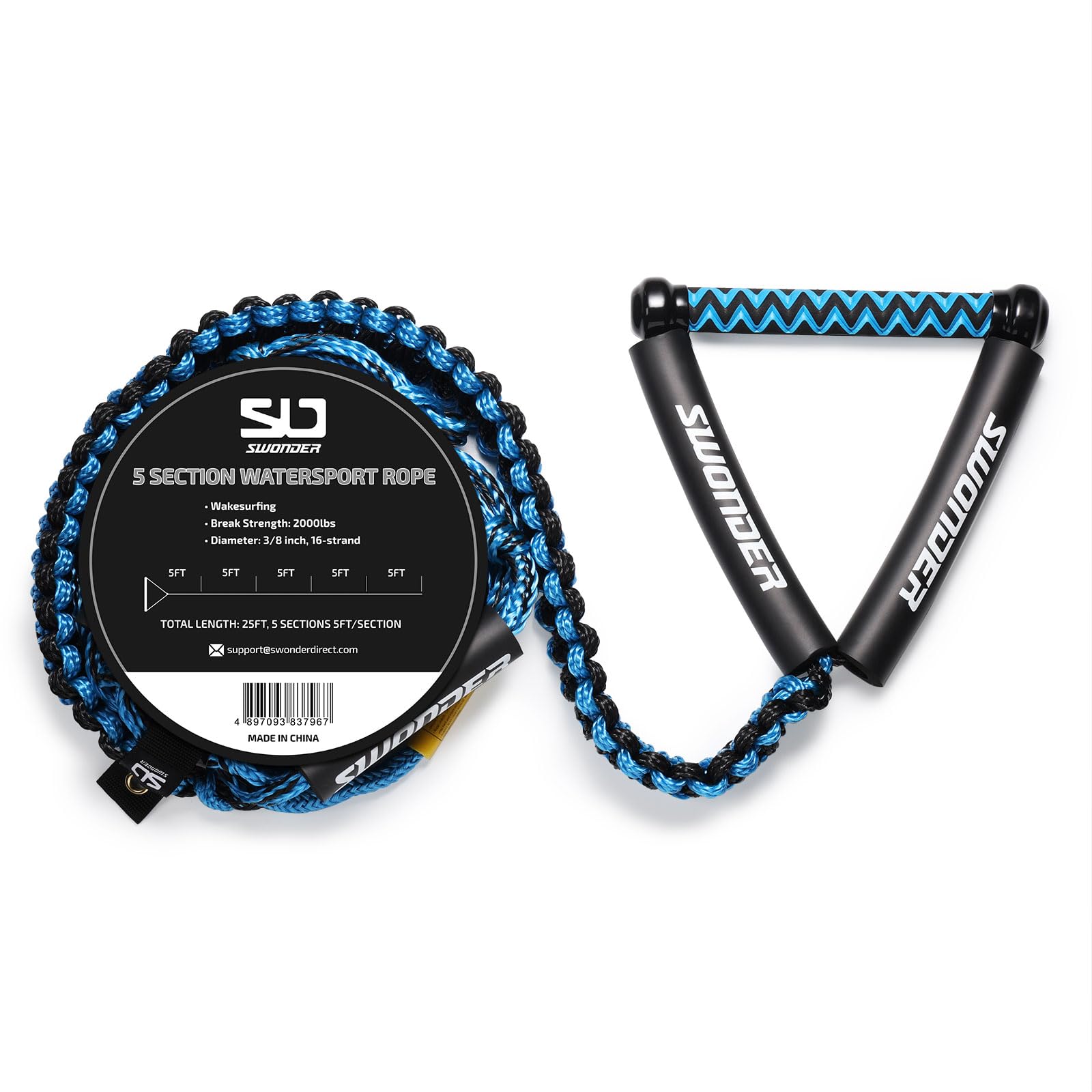 Swonder front view of rope and 10-inch EVA handle showing comfort