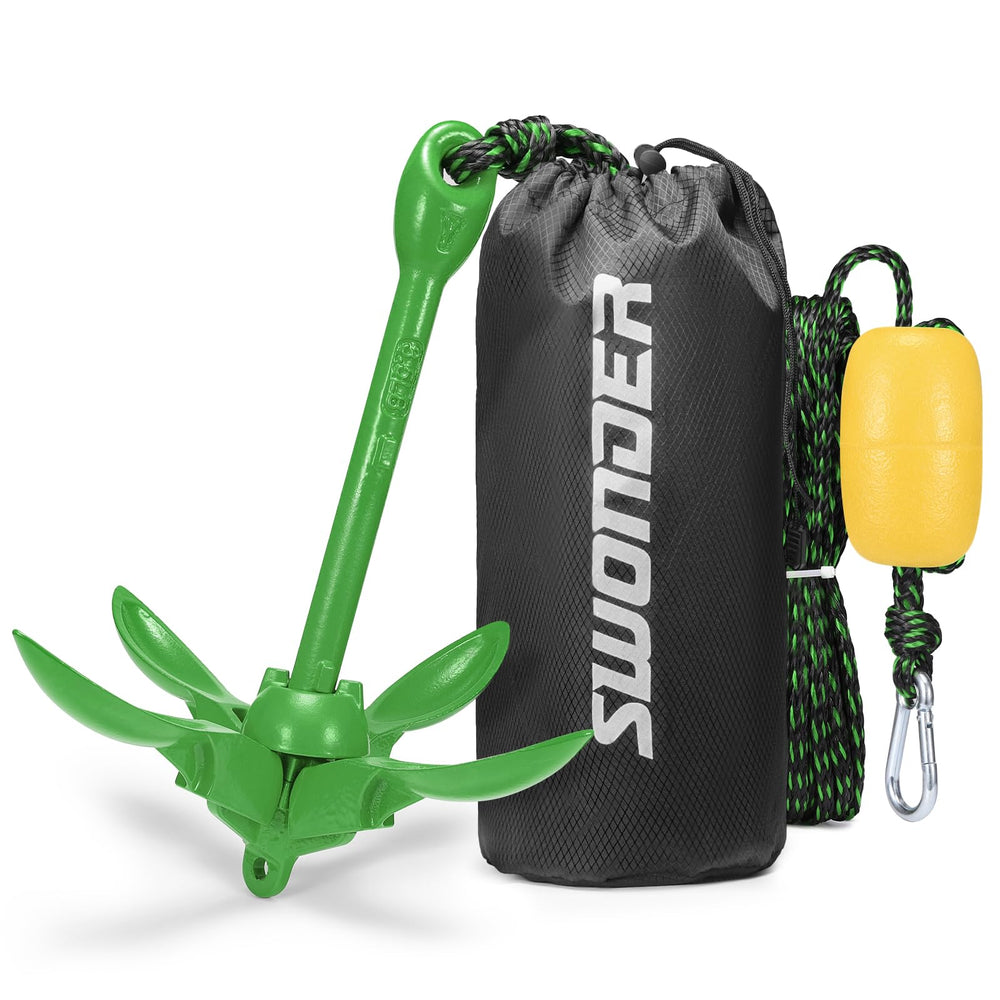 Swonder front view of folded compact anchor showing portability and quick stowage