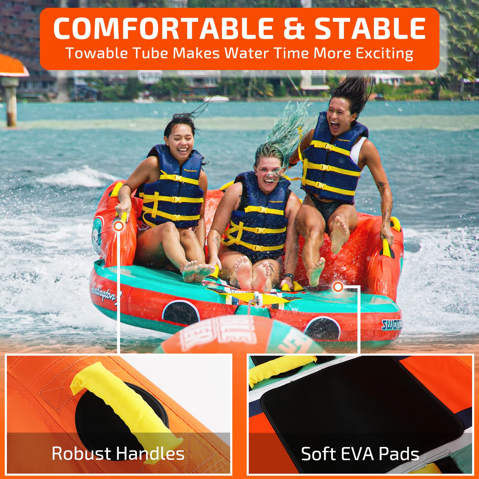Swonder inflatable tube in use behind a boat delivering stable multi-rider recreation