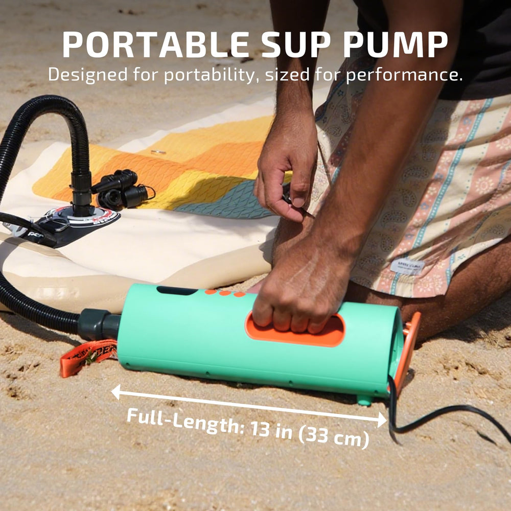 Swonder SeaFalcon in use on beach inflating SUP for faster setup