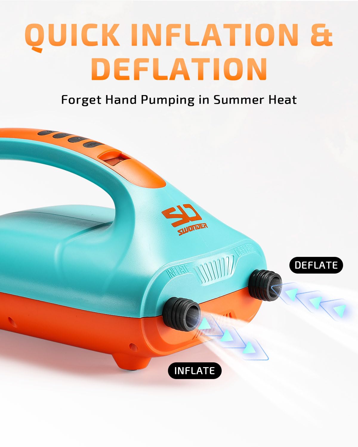 Swonder pump held in hand showing compact size and easy transport