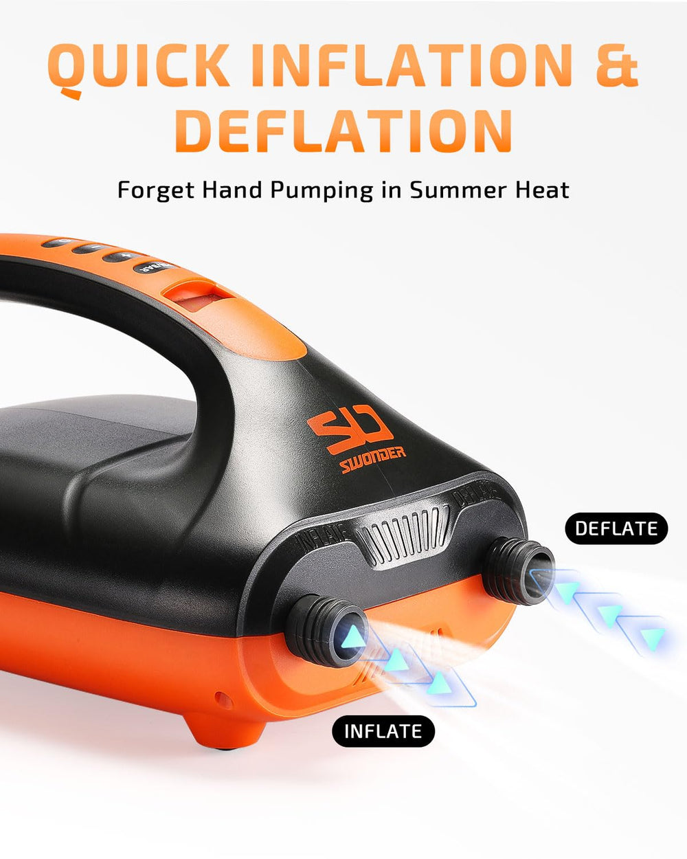 Swonder pump next to a hand showing compact scale and easy transport