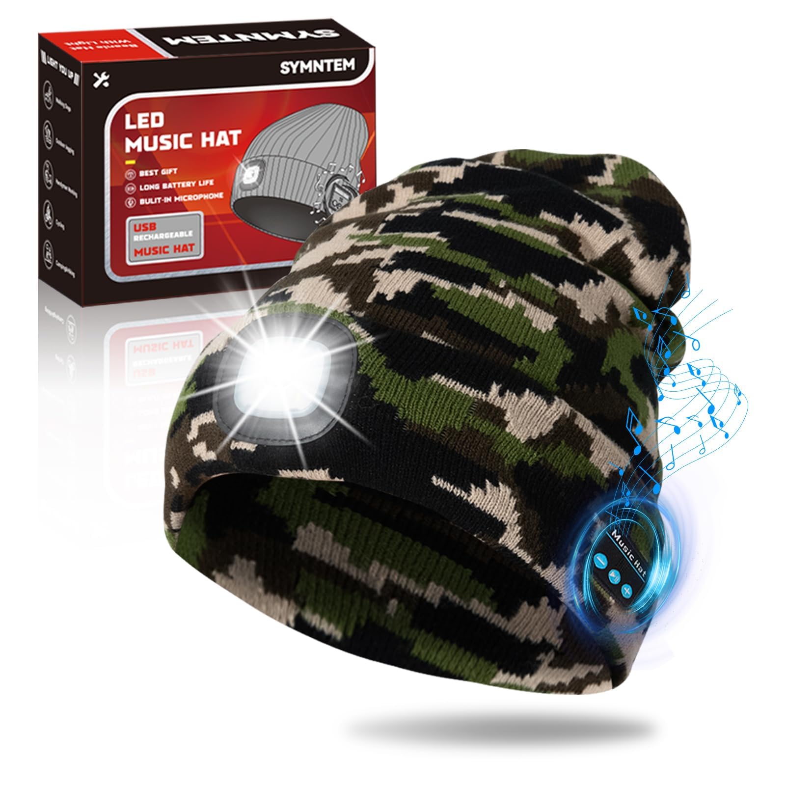 SYMNTEM beanie front view showing camouflage pattern and fit benefit warmth