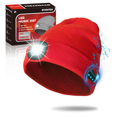 SYMNTEM red beanie front view showing knit texture and built-in audio