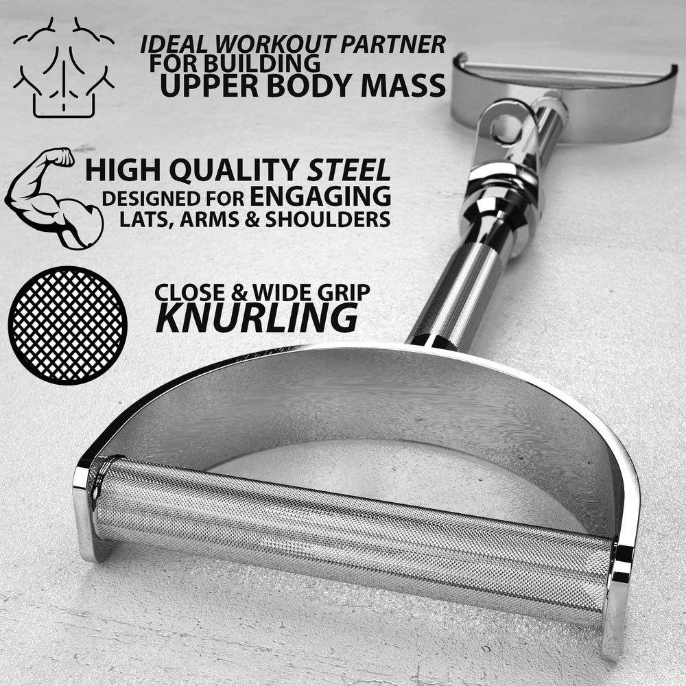 Synergee lat bar close-up knurling providing secure grip for heavy reps