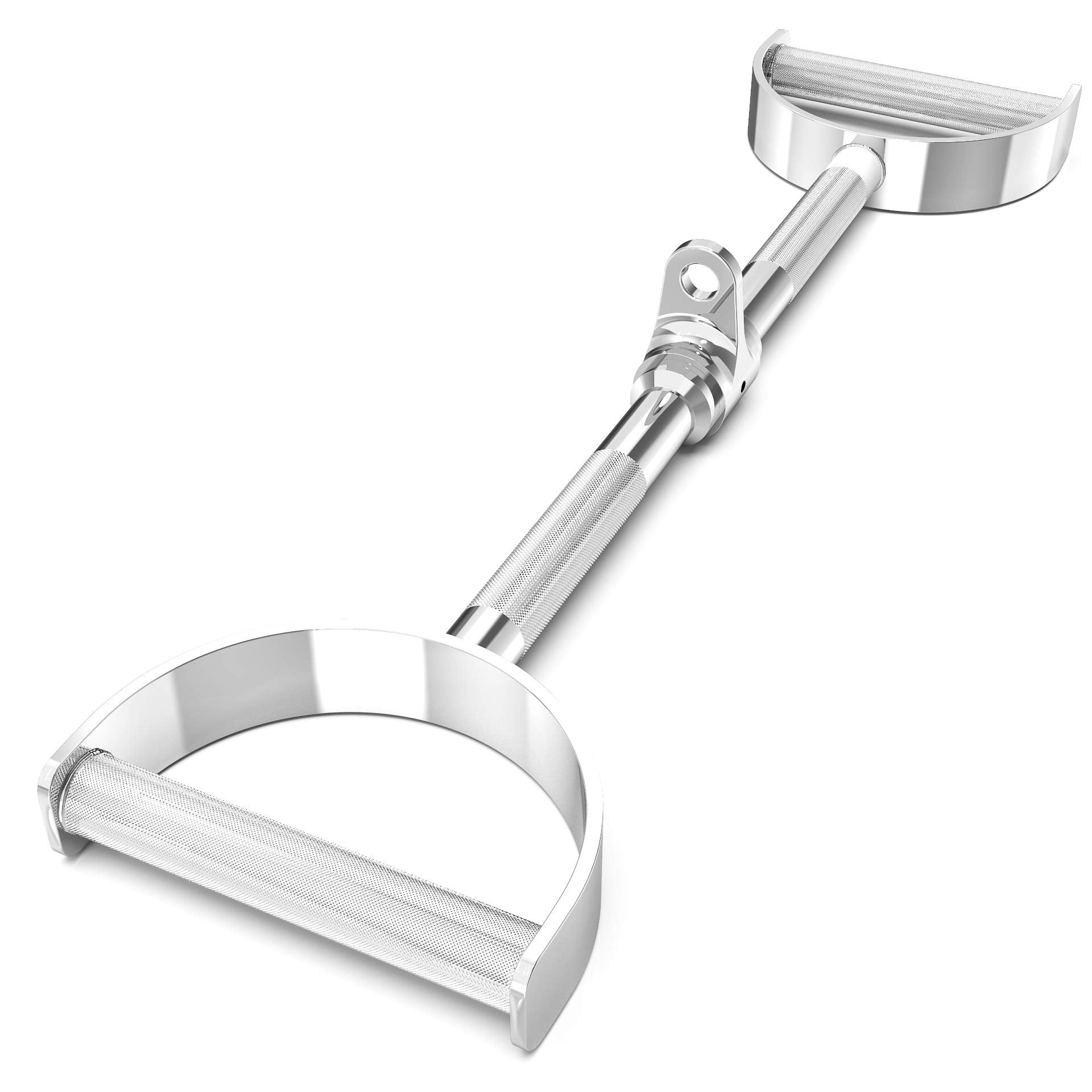 Synergee lat bar front view showing full-length chrome bar and handles for stable pulls