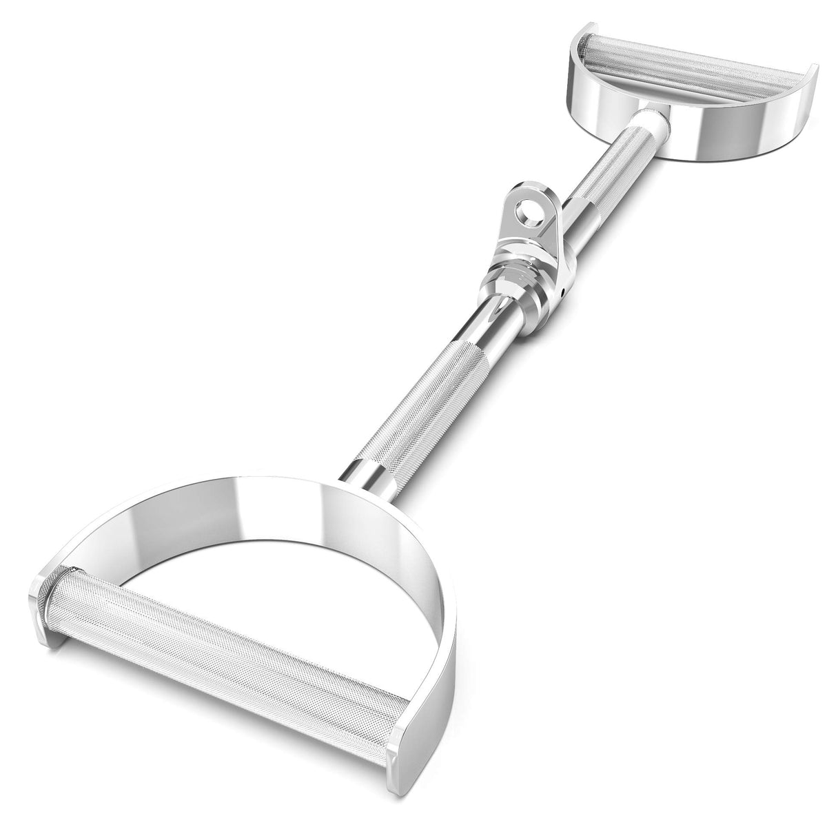 Synergee lat bar front view showing full-length chrome bar and handles for stable pulls