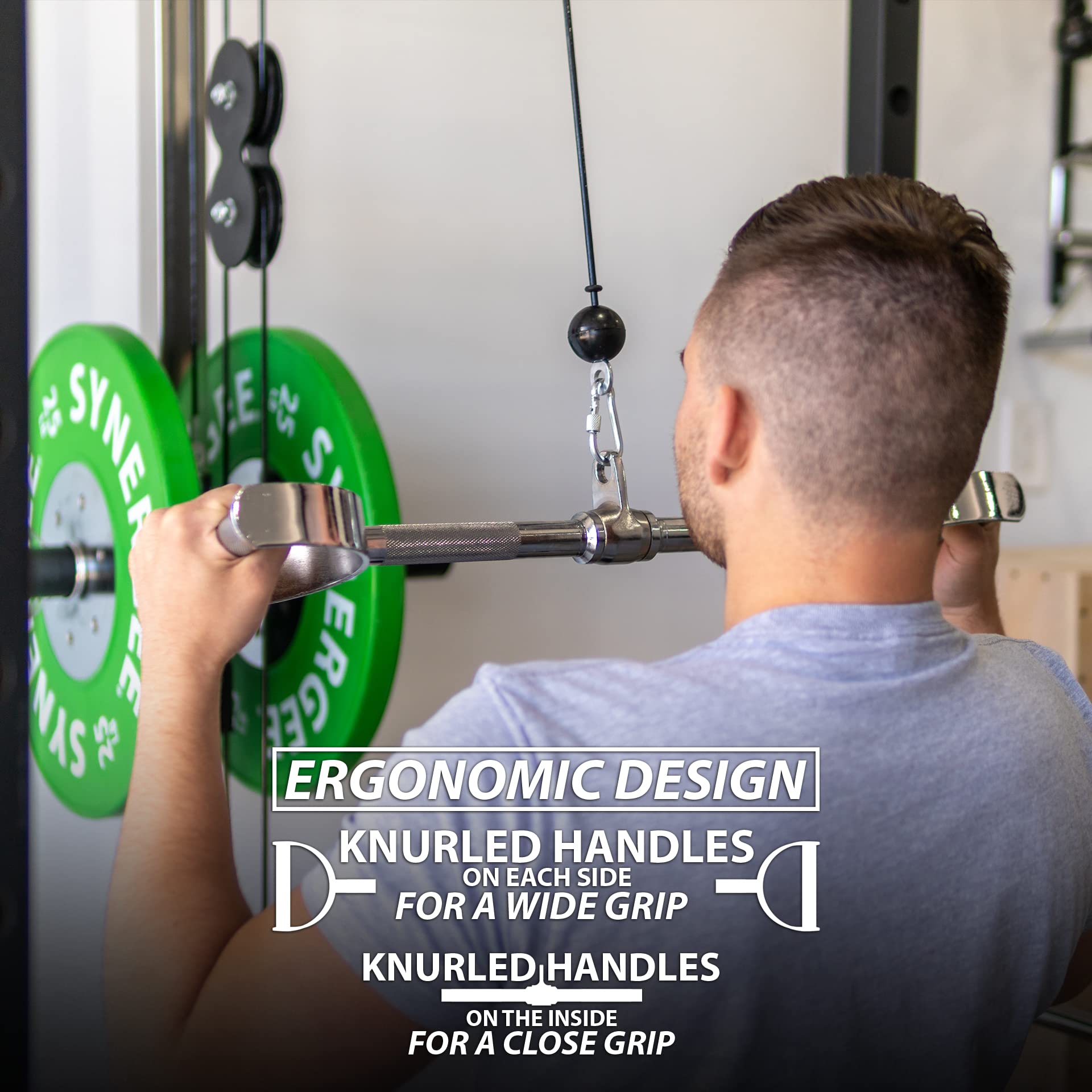 Three Synergee lat bar lengths side-by-side showing size choices and fit guidance