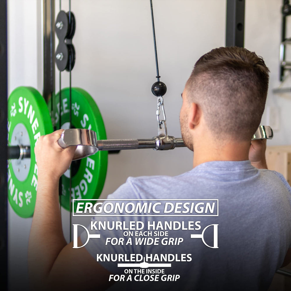 Three Synergee lat bar lengths side-by-side showing size choices and fit guidance