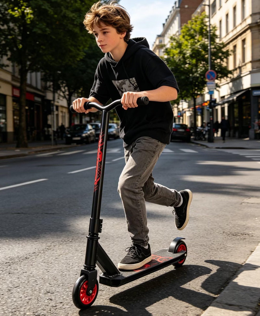 SZCQ full scooter in use at skatepark illustrating trick control