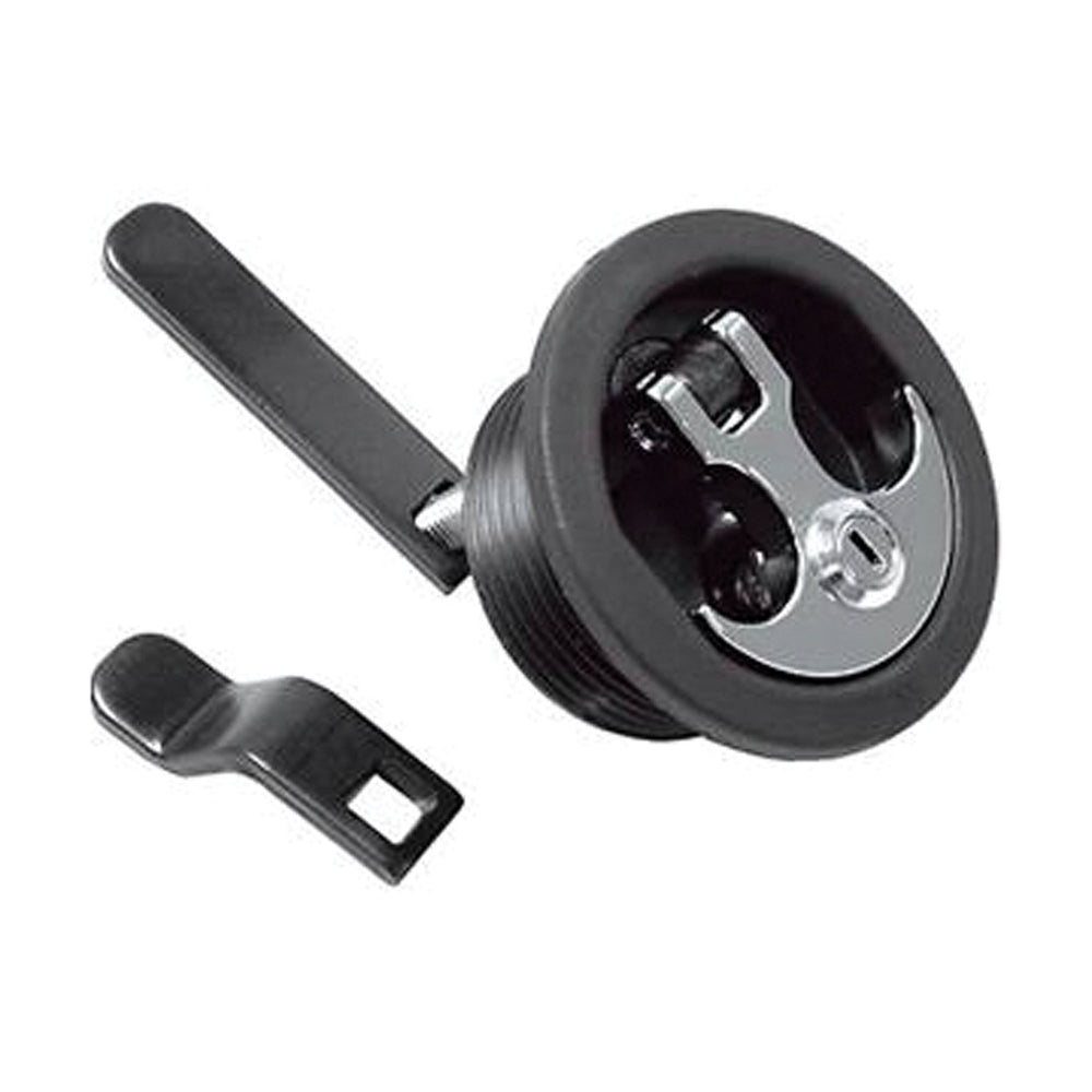 T-H Marine lock mounted beside ruler for size scale, shows compatibility with 2-3/8 to 2-1/2 inch holes