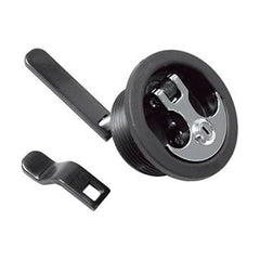 T-H Marine lock mounted beside ruler for size scale, shows compatibility with 2-3/8 to 2-1/2 inch holes