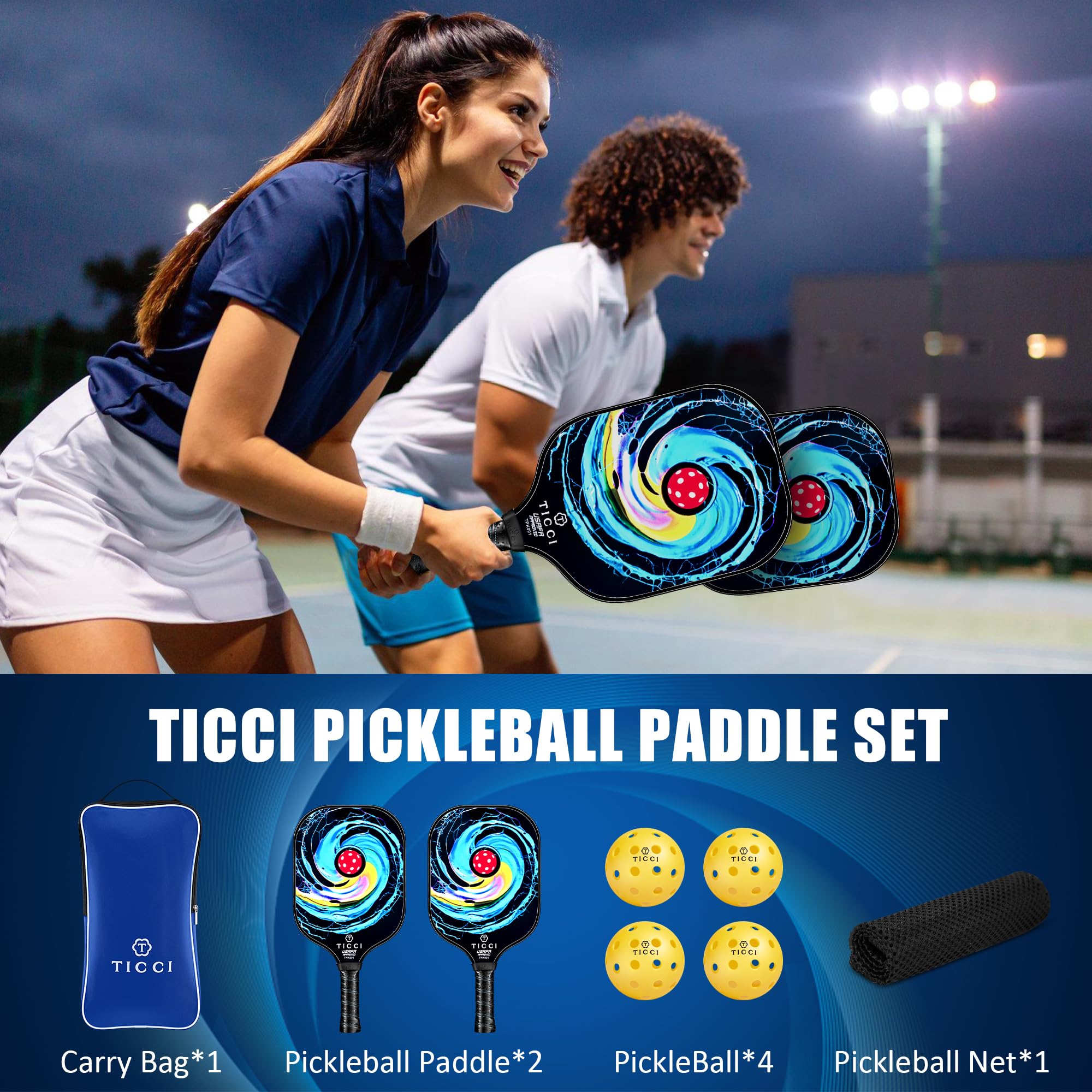 T TICCI paddles in use on court demonstrating spin generation and playability