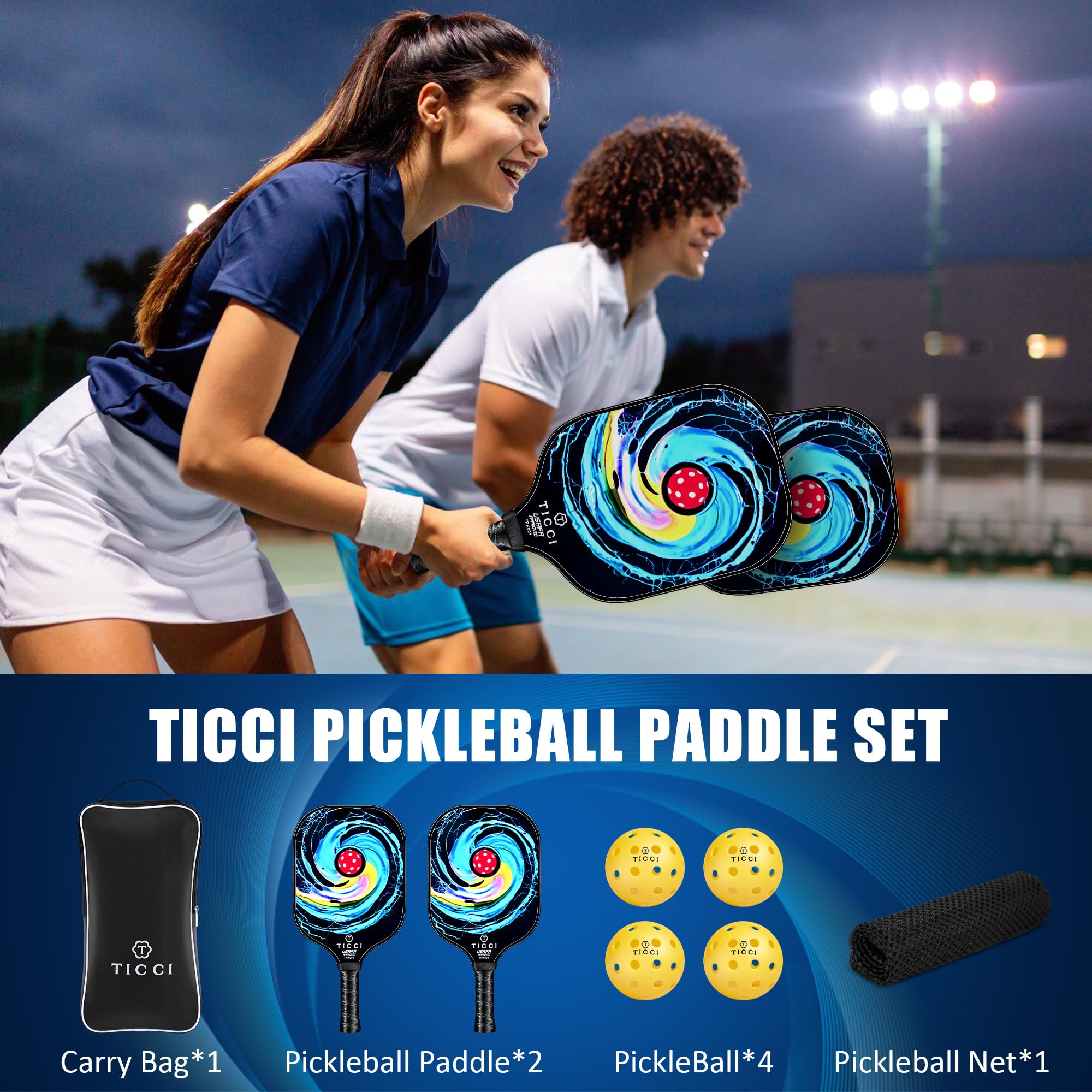 T TICCI paddles and balls on court showing ready-to-play convenience and performance benefit