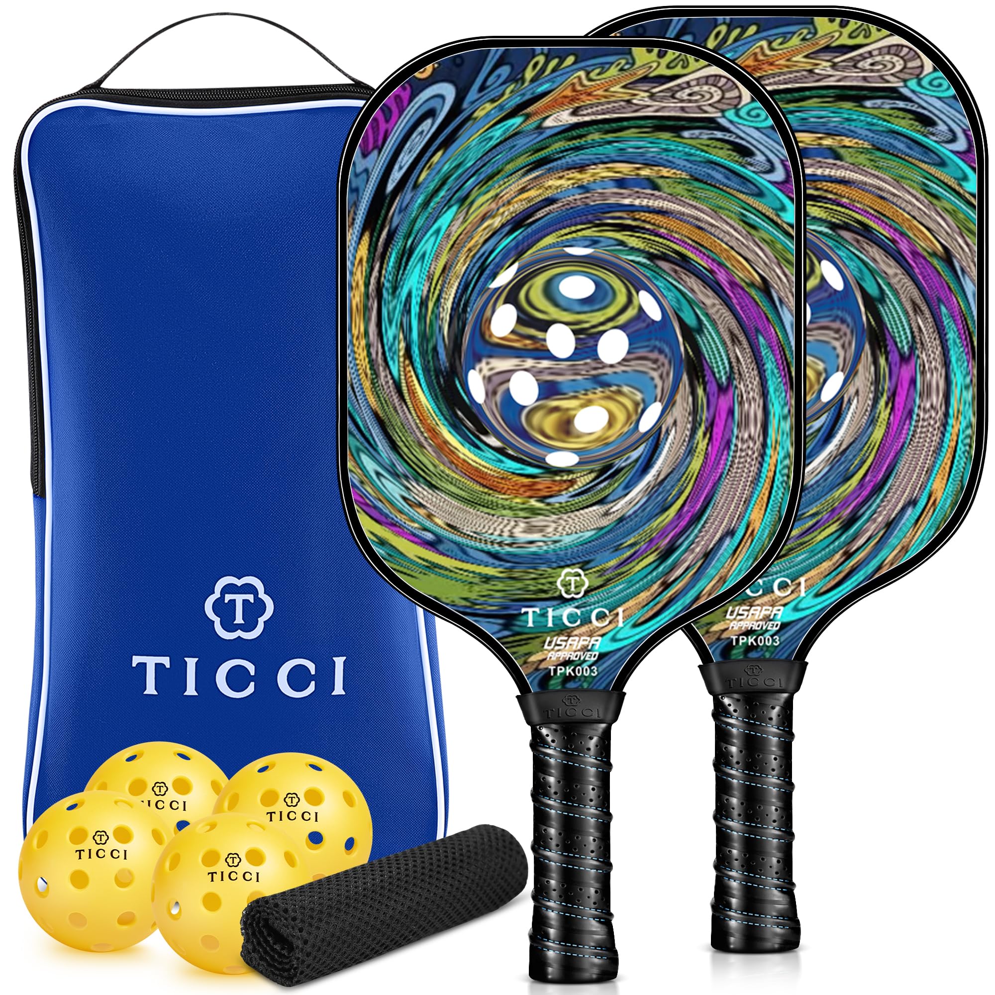 T TICCI front view of paddles and bag showing ready-to-play convenience