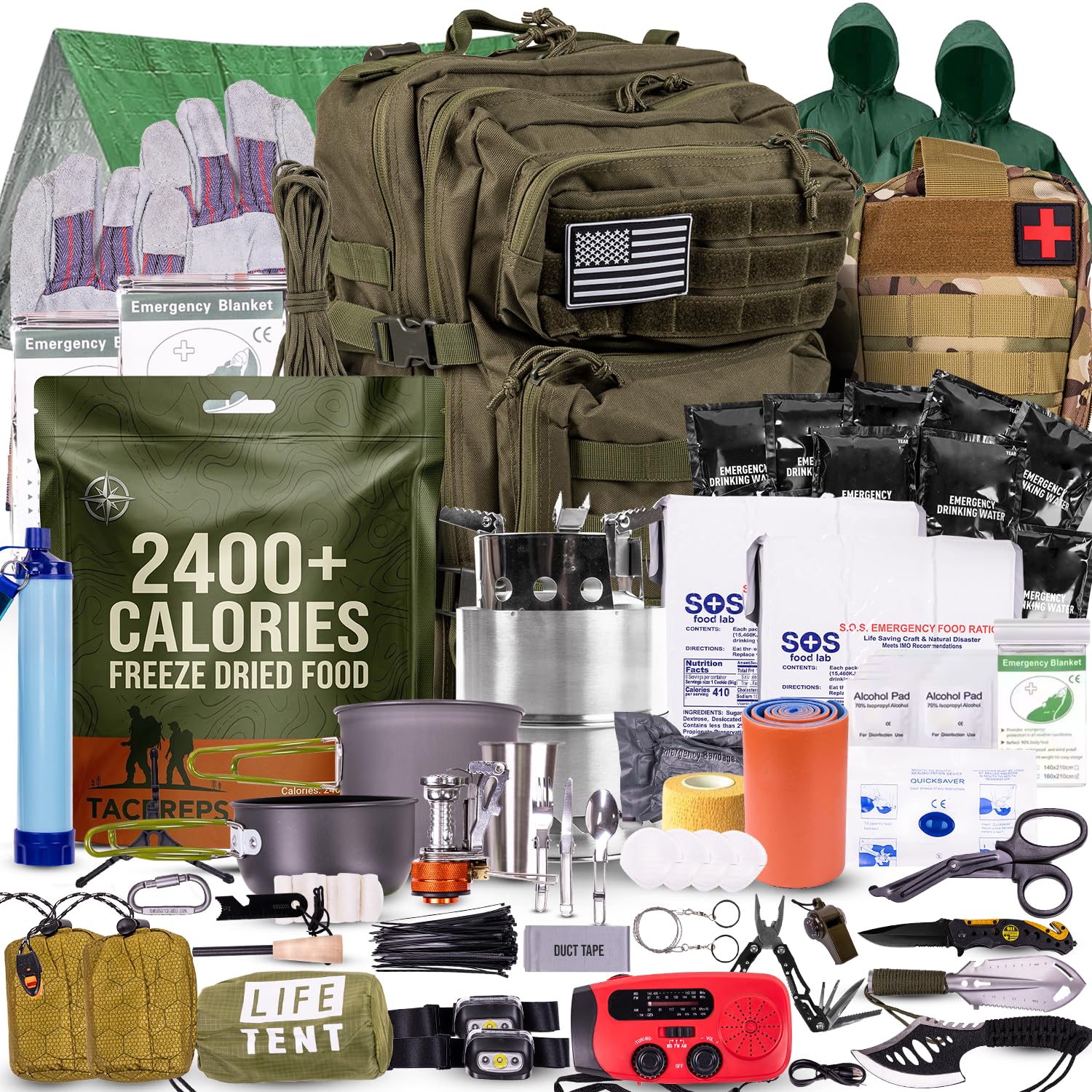 TacPreps front view of 45L backpack showing pockets and straps for organized carry