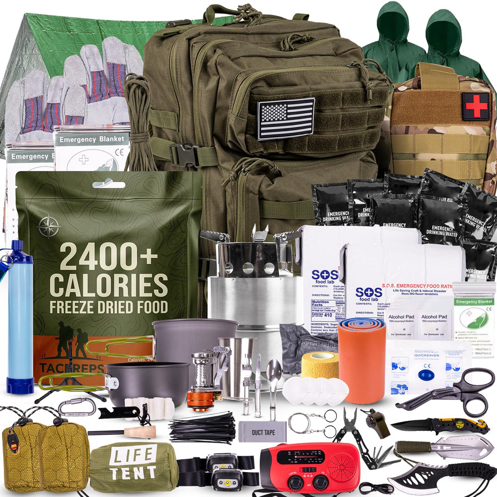 TacPreps front view of 45L backpack showing pockets and straps for organized carry