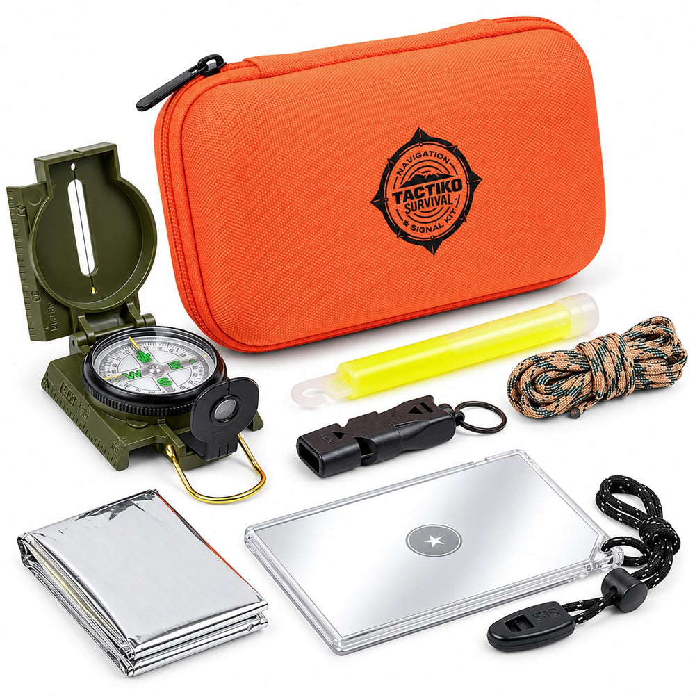 Tactiko Survival front view of compact signal kit showing case and logo, ready storage benefit