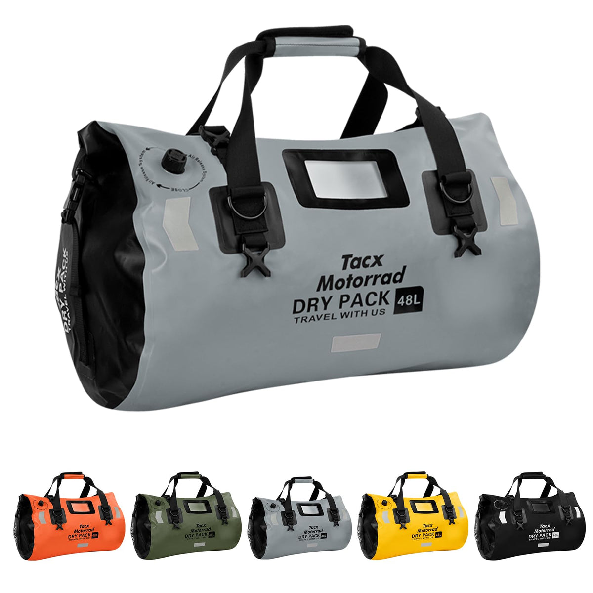 tacxmotorrad front view duffel bag showing roll-top closure and straps for secure transport