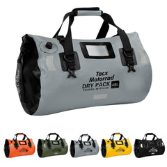 tacxmotorrad front view duffel bag showing roll-top closure and straps for secure transport
