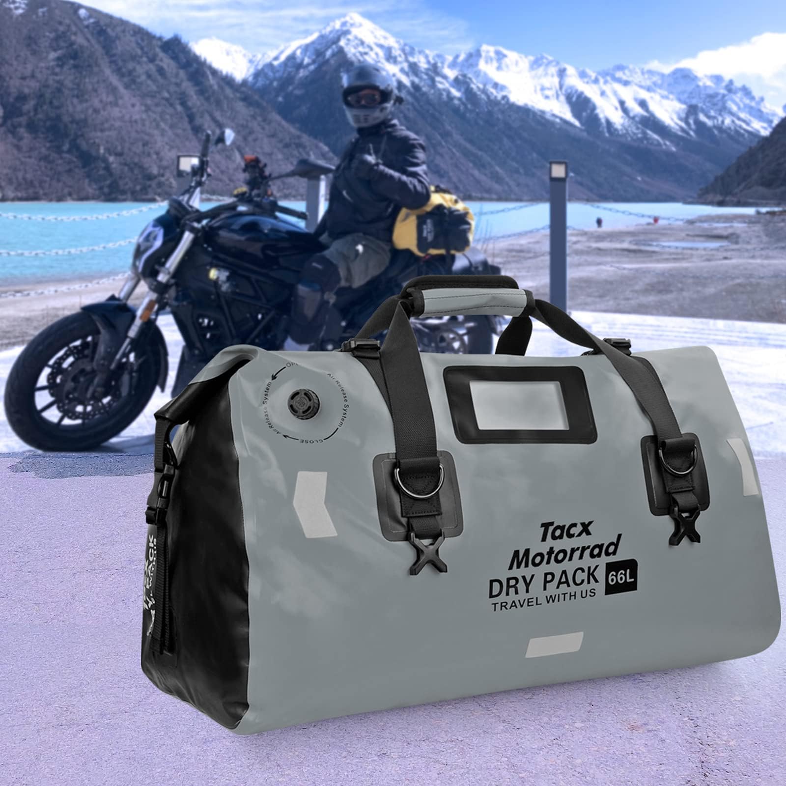 tacxmotorrad used beside a kayak showing dry storage capability during water activities