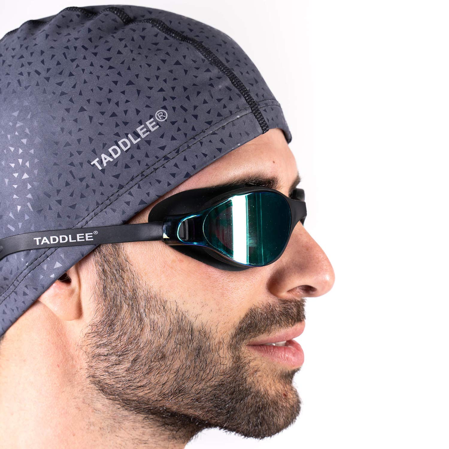 Taddlee front view gray swim cap showing shape and coverage benefit