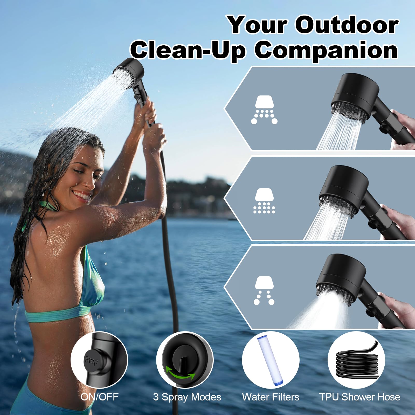 Tadomoe shower head showing three modes for versatile rinsing