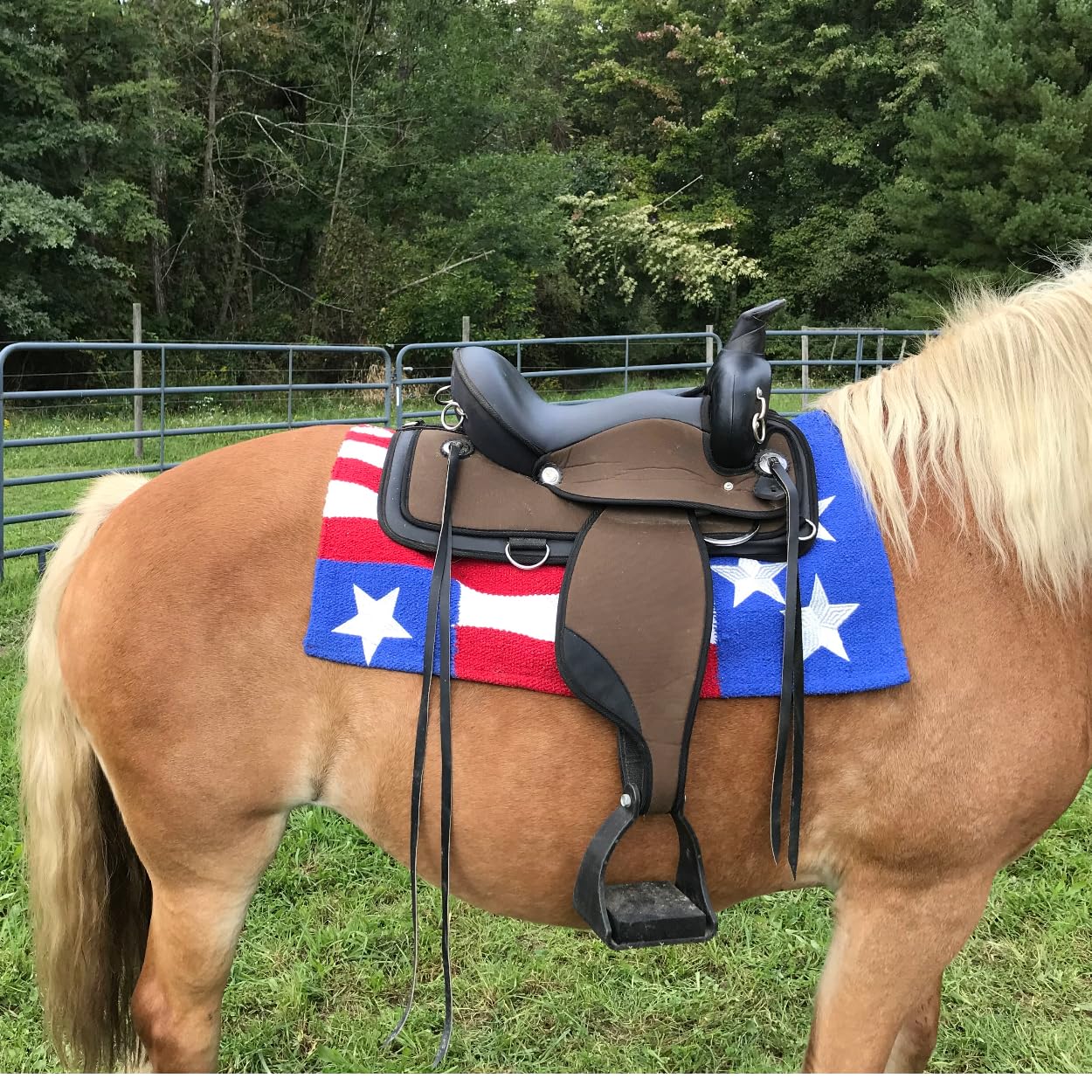 Tahoe Tack blanket draped under saddle showing patriotic display and true-to-size fit
