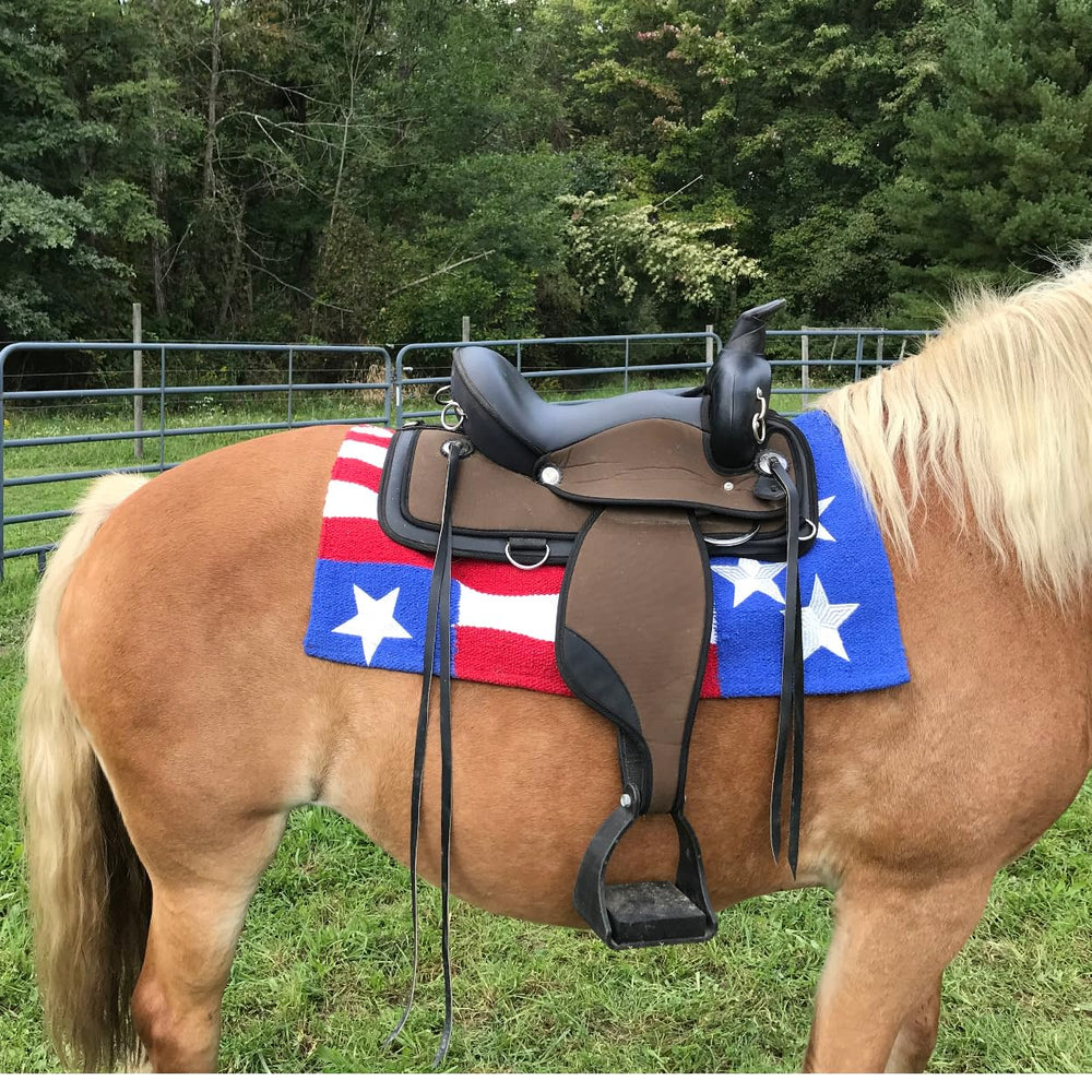 Tahoe Tack blanket draped under saddle showing patriotic display and true-to-size fit
