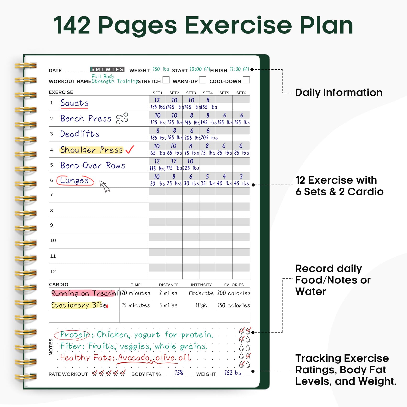 Taja inside spread showing structured workout log and goal sections
