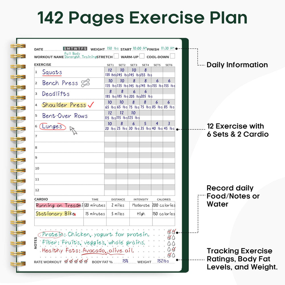 Taja inside spread showing structured workout log and goal sections
