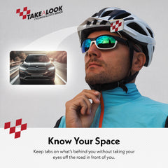Take A Look mirror clipped to sunglasses temple showing hands-free rear visibility benefit