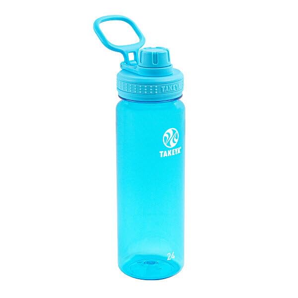 Takeya Tritan sport water bottle front view in breezy blue showing shape and label for easy recognition and carry