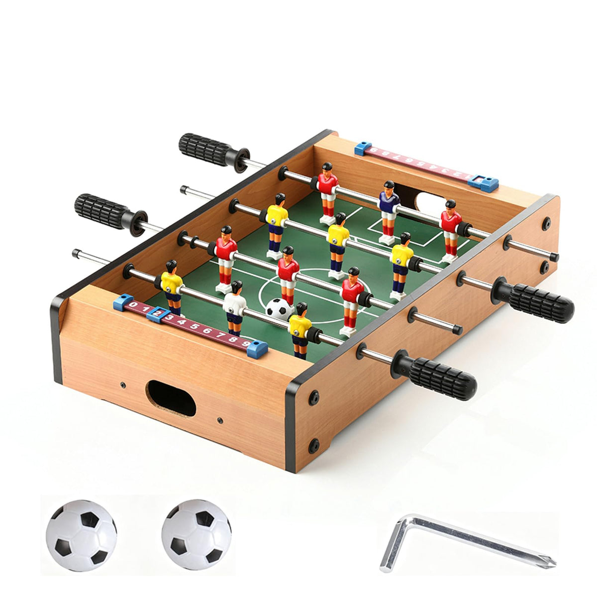 TALLO 20" foosball front view on table showing compact playability and quick setup