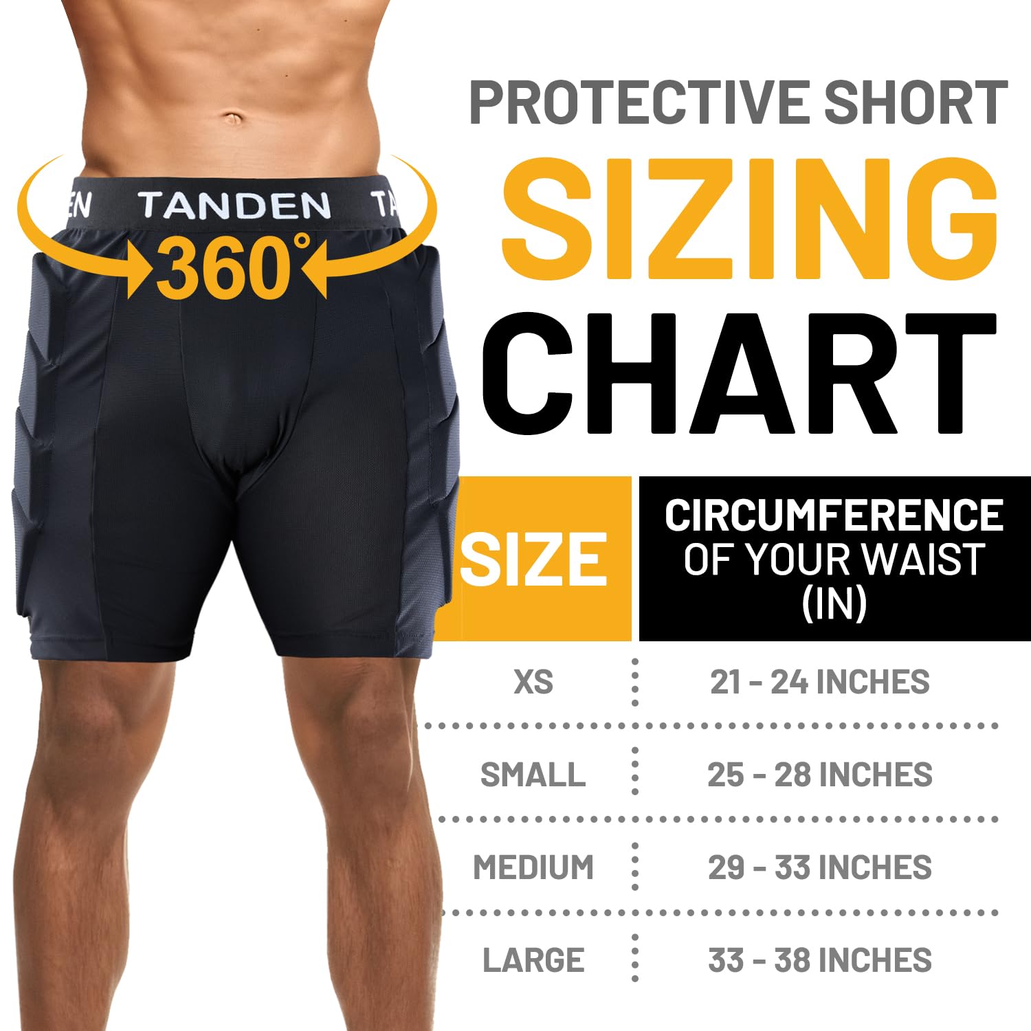Tanden shorts on hanger beside ruler showing sizing and scale benefit